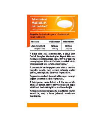 BioCo Lizin MAX 1000 mg MEGAPACK étrend-kiegészítő tabletta 100 db 2.Kép